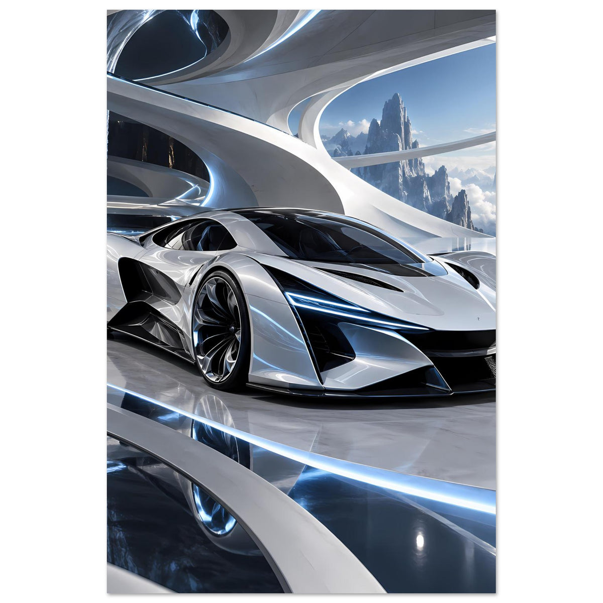 Auto-Poster (Hochformat): silberner Supersportwagen, schwarze Seitenspalte und blaue LED-Linien.