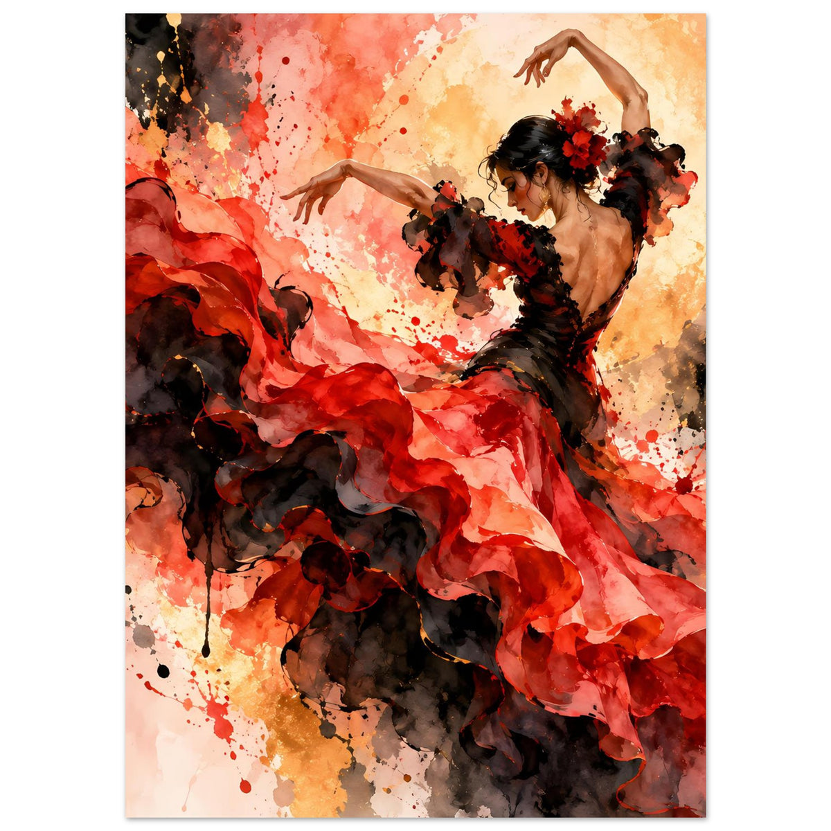 Flamenco-Tanzposter, Tänzerin in Rot und Schwarz, Blick zur Seite, Rock in Wellen