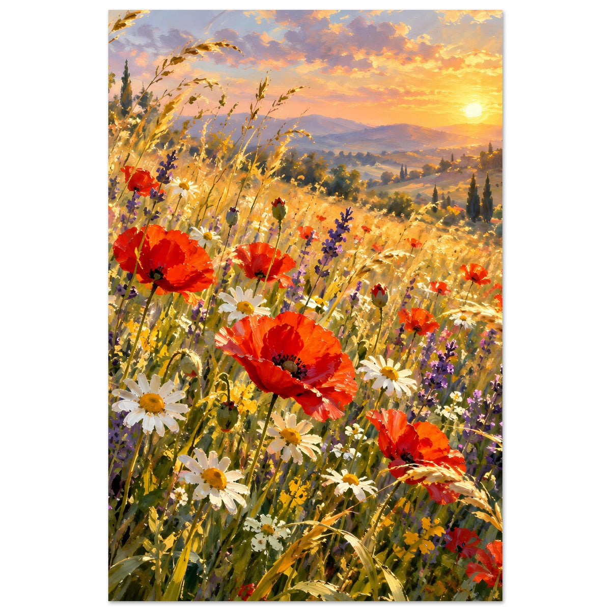 Hochformatiges Poster mit blühender Wildblumenwiese, roten Mohnblüten und goldenen Sonnenuntergang