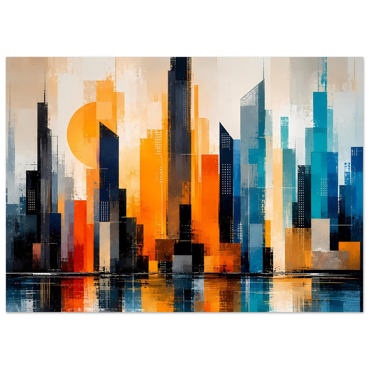 Abstraktes Skyline-Wandbild: orange und türkisfarbene Wolkenkratzer mit Wasserreflexion
