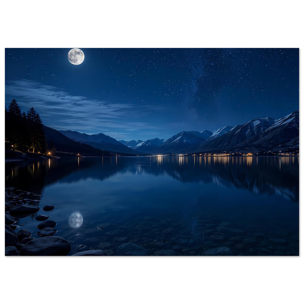 Horizontales Poster: Nachtlandschaft mit See, Bergmassiv, Sternen und Mondschein.