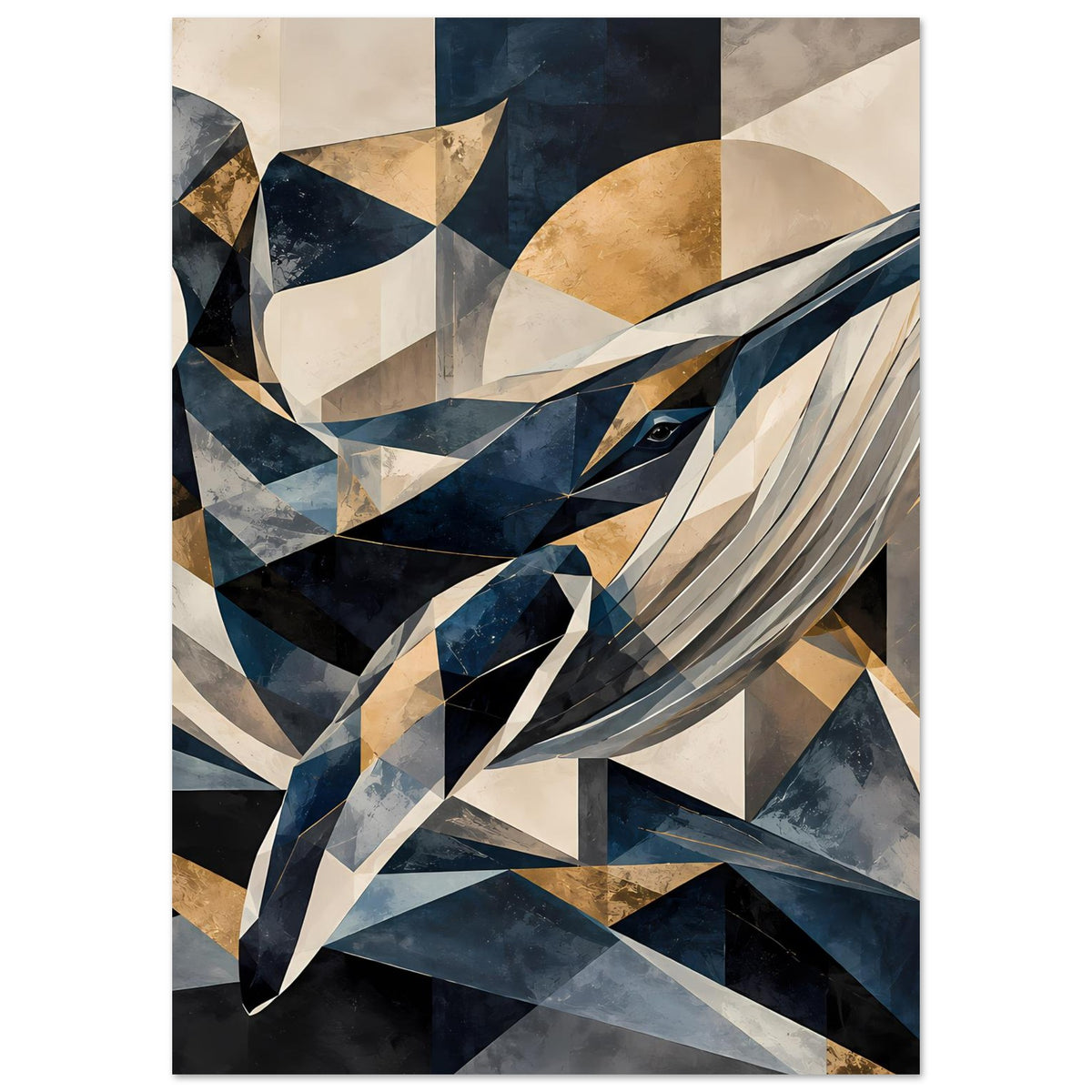 Kunstposter mit geometrischem Wal-Motiv in Blau, Gold und Creme, vertikal