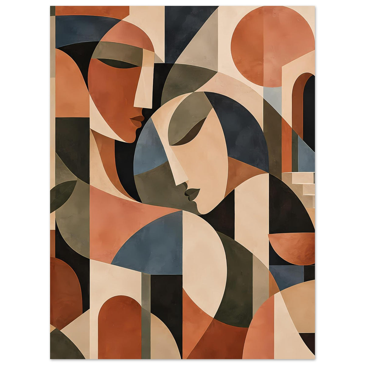 Kunstdruck mit abstrakten Gesichtern in Terrakotta-, Beige- und Dunkelblau-Tönen