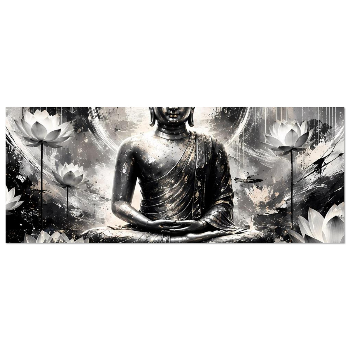 Horizontales Poster: sitzender Buddha in Schwarzweiß mit runder Lichtaura und Lotusblüten