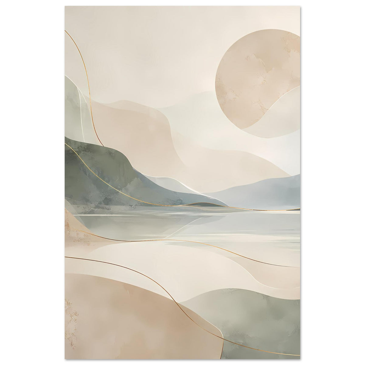 Abstraktes Poster im Hochformat mit See und Bergen in Beige, Graublau und goldenen Linien
