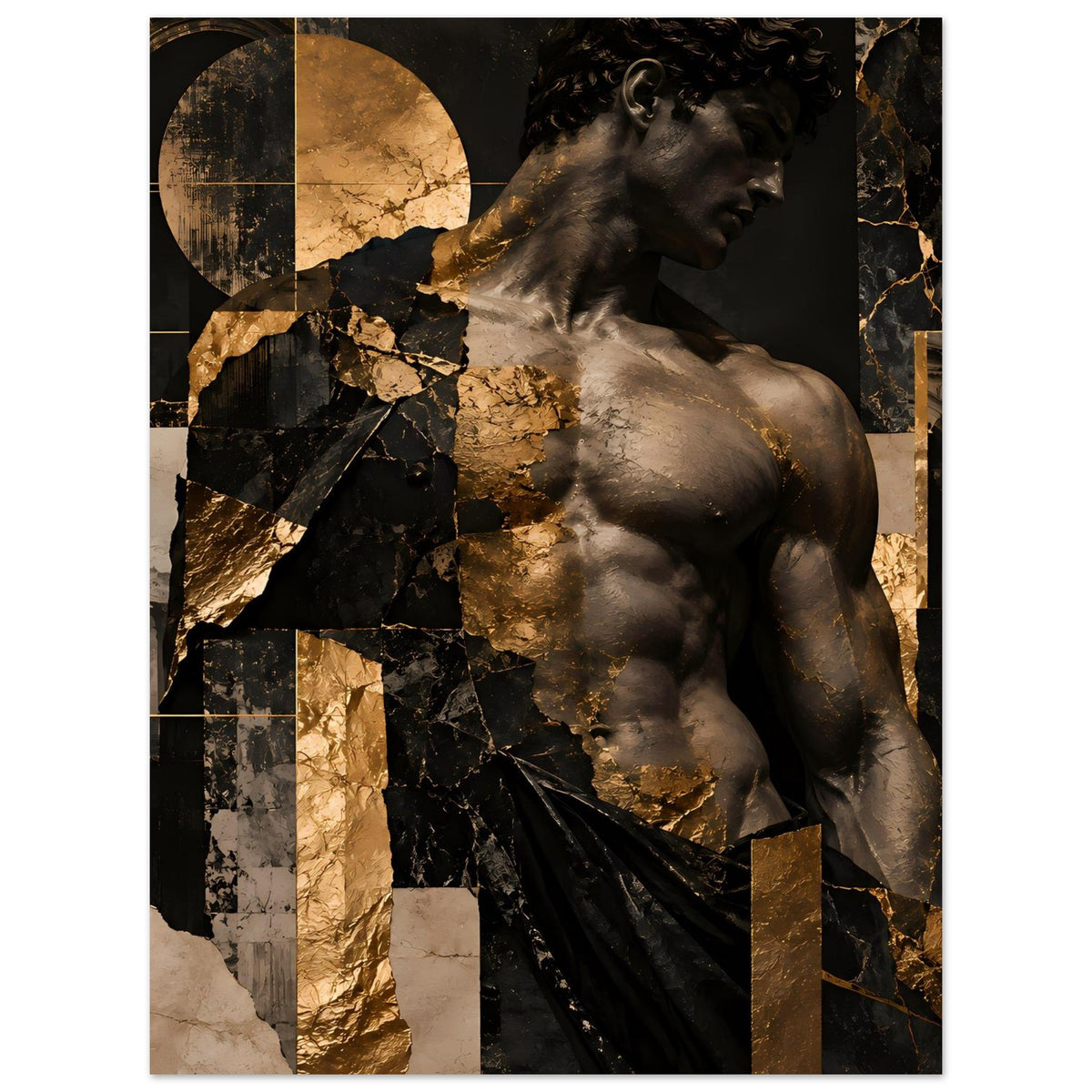 Kunstposter mit antiker Statue im Profil, goldene Akzente auf dunklem Hintergrund