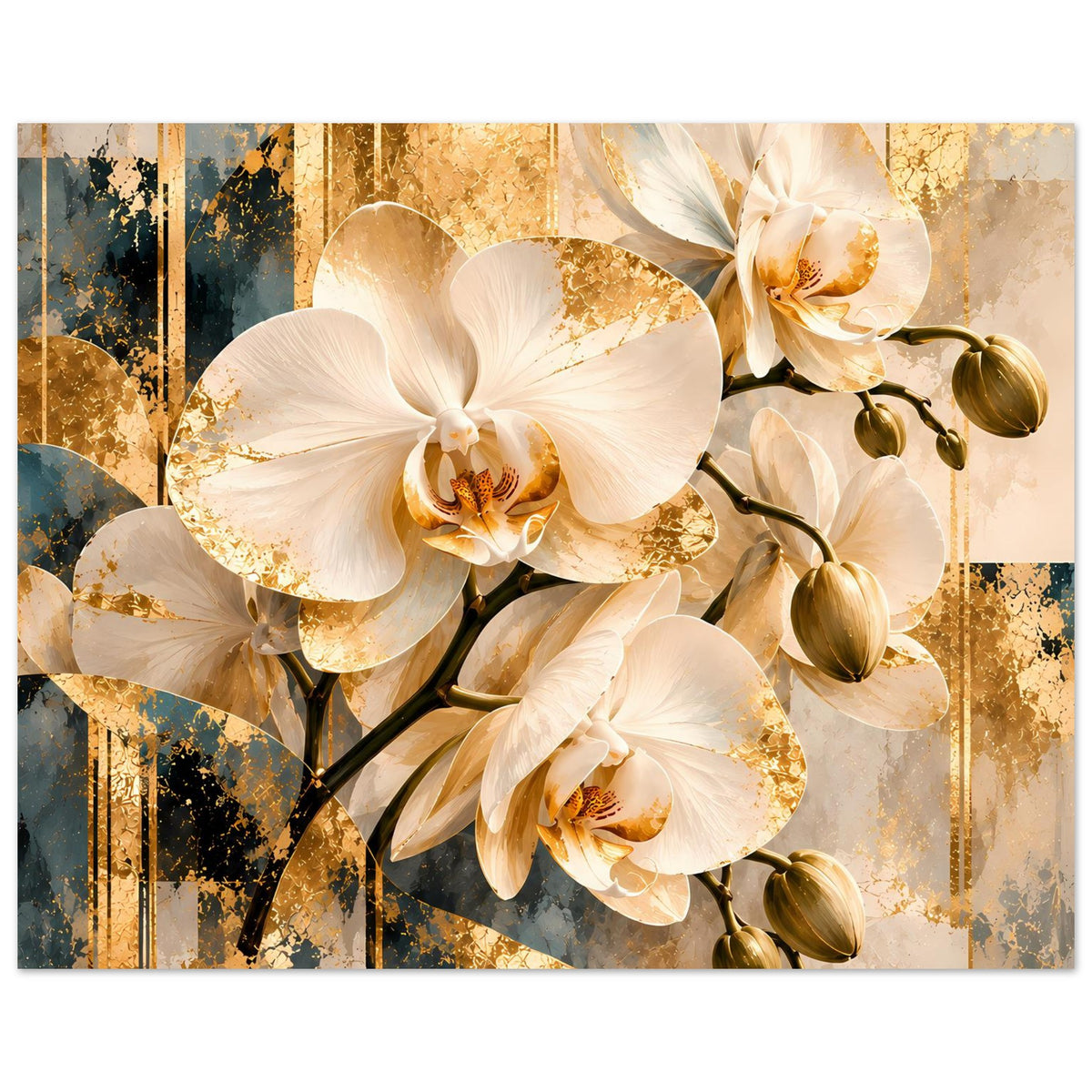 Wandposter mit weißen Orchideenblüten, goldverzierten Akzenten und dunklen Zweigen