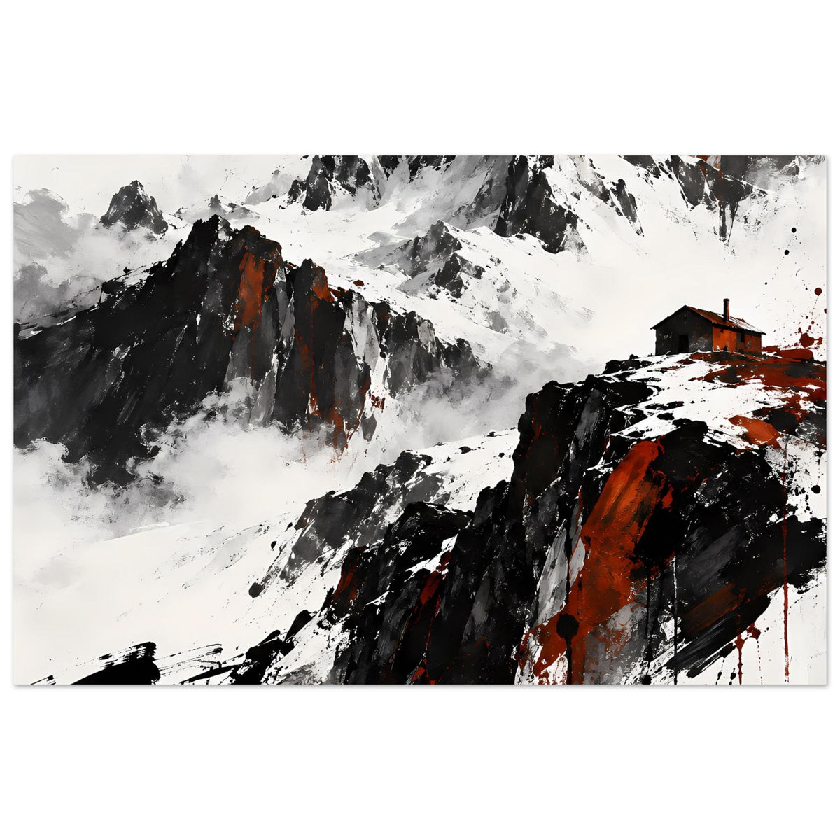 Berglandschafts-Poster mit abstrakten Gipfeln, weißen Schneeflächen und roten Akzenten