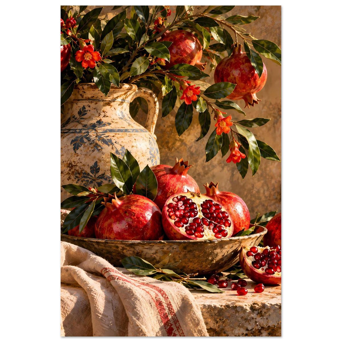Vertikales Poster mit Granatäpfeln, Keramikvase, Schale, Blättern und roten Blüten