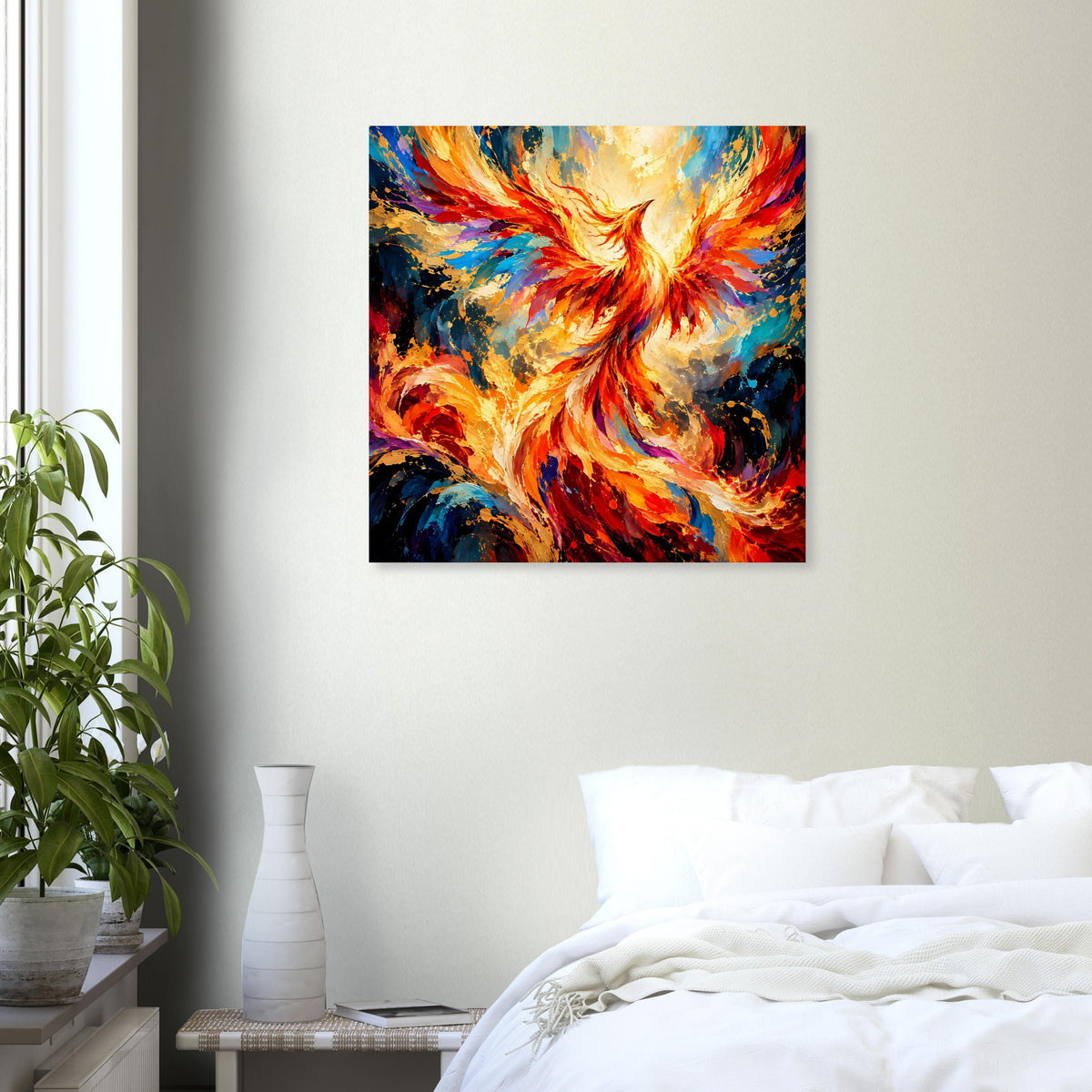 Poster mit leuchtendem Phönix-Motiv und dynamischen Pinselstrichen