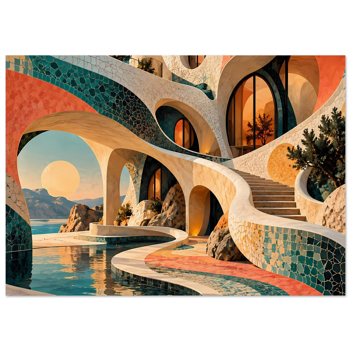 Kunstposter: türkis-korallenfarbene Mosaikbögen mit Wasserfläche und Treppenbereich