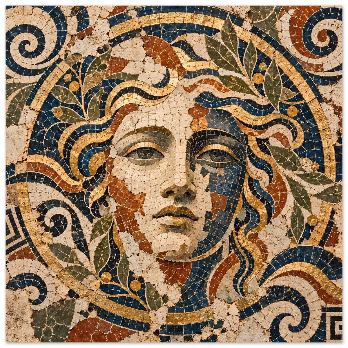 Mosaik-Göttin-Poster im Querformat mit Gesicht, Blättern, Spiralen und goldfarbenen Steinen