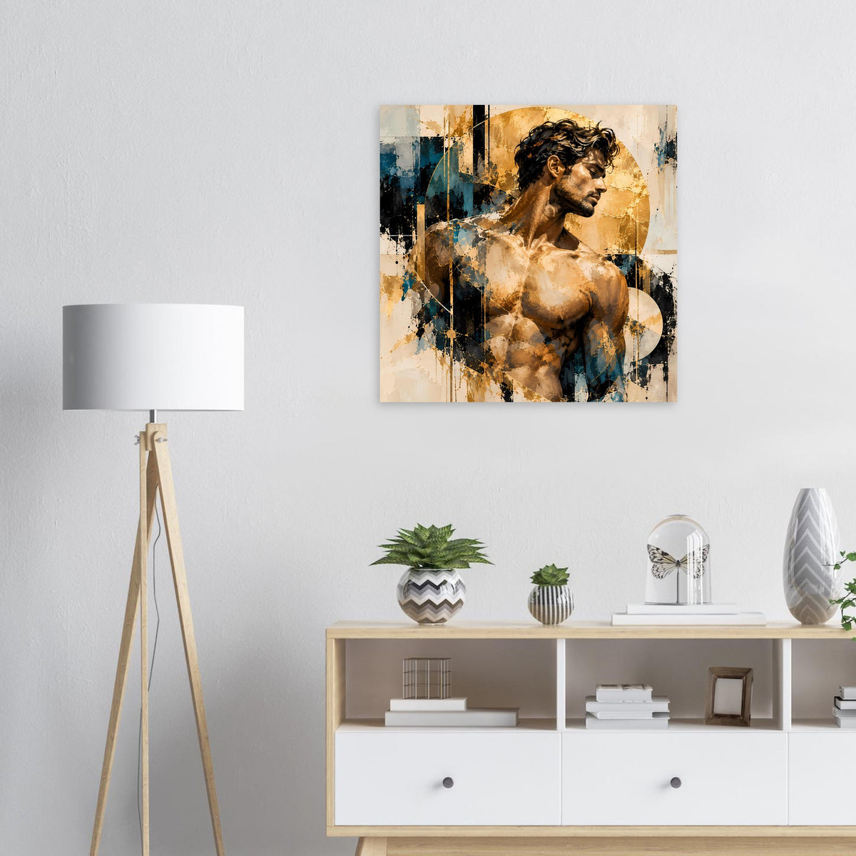 Kunstposter mit Aktmotiv: nackter Oberkörper in Gold- und Blautönen, im Rahmen