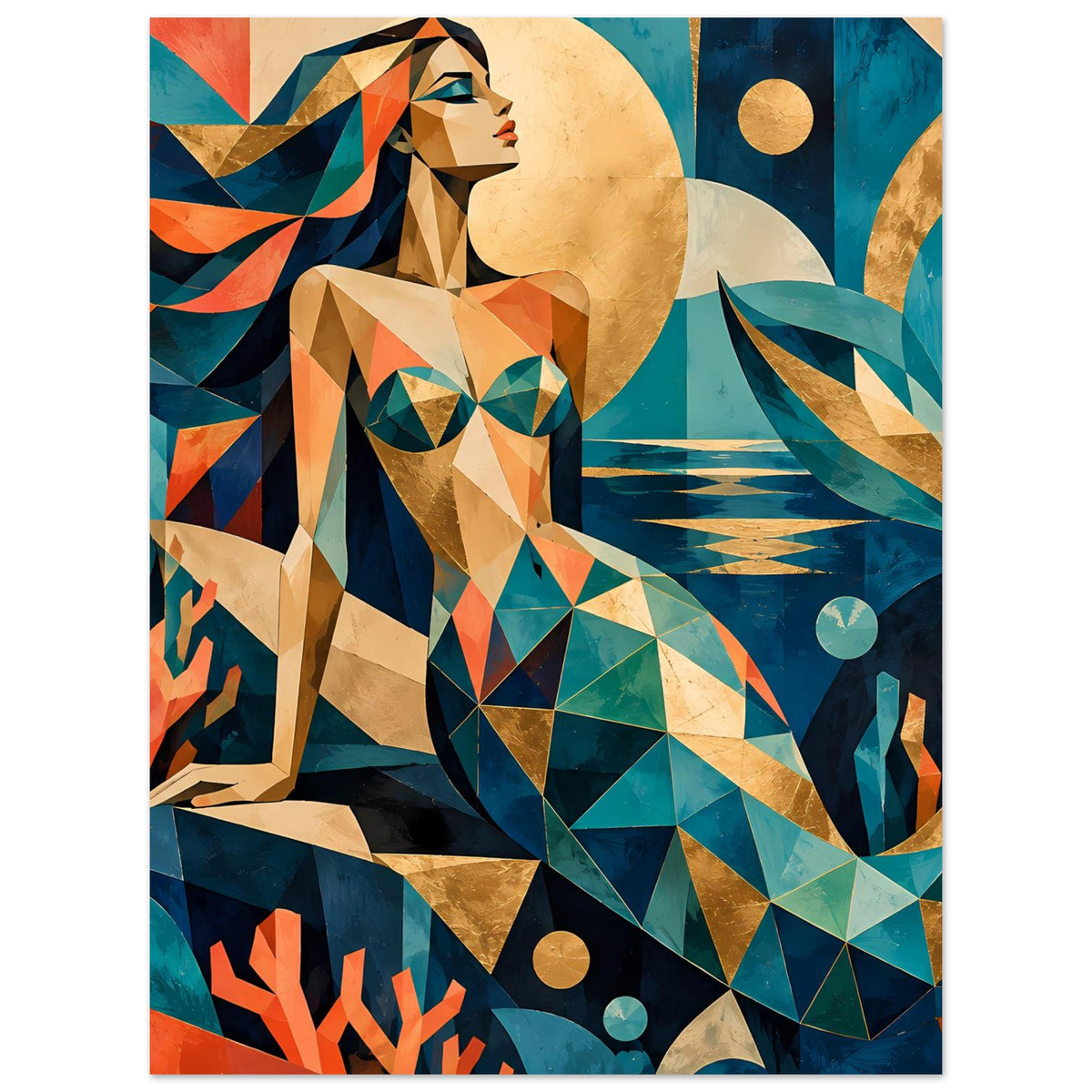 Geometrischer Meerjungfrauen-Kunstposter, zentrierte Meerjungfrau in Teal und Koralle