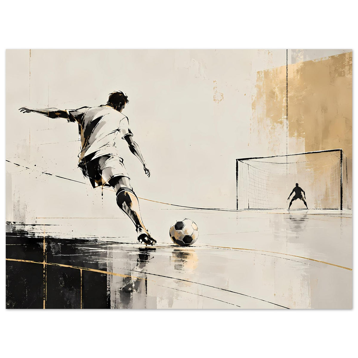 Querformat-Poster mit Fußballer, Ball und Torrahmen, neutraler Beige-Schwarz Look