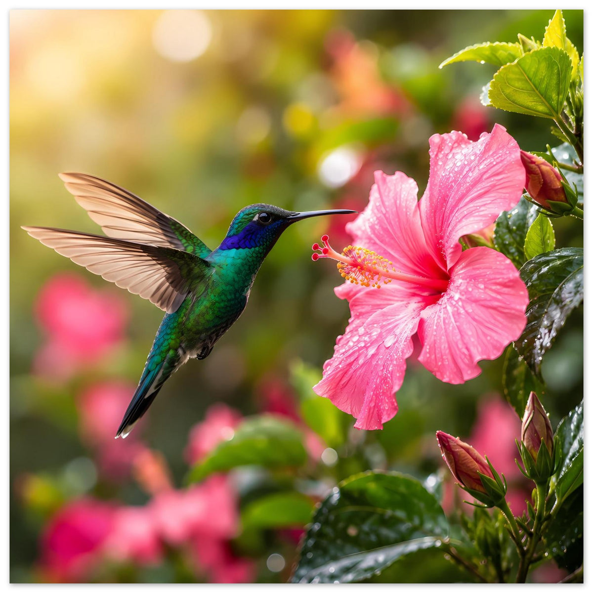 Naturposter mit Kolibri und pinkem Hibiskus, große Blumen im Vordergrund