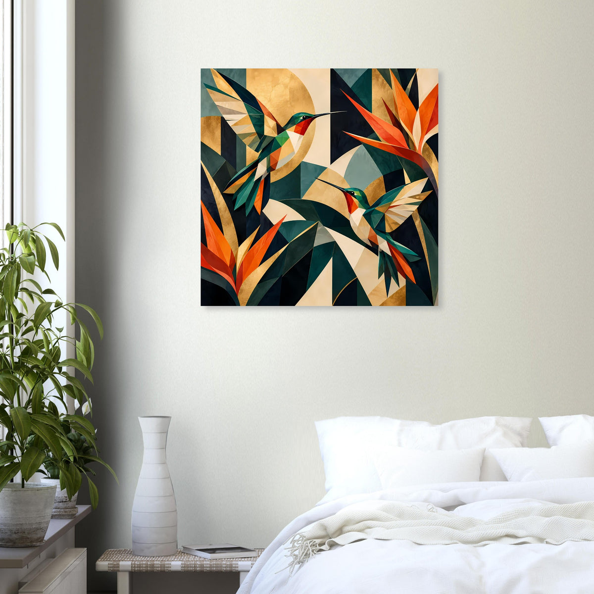 Quadratischer Kunstdruck mit geometrischen Kolibris und leuchtenden Juwel-Tönen
