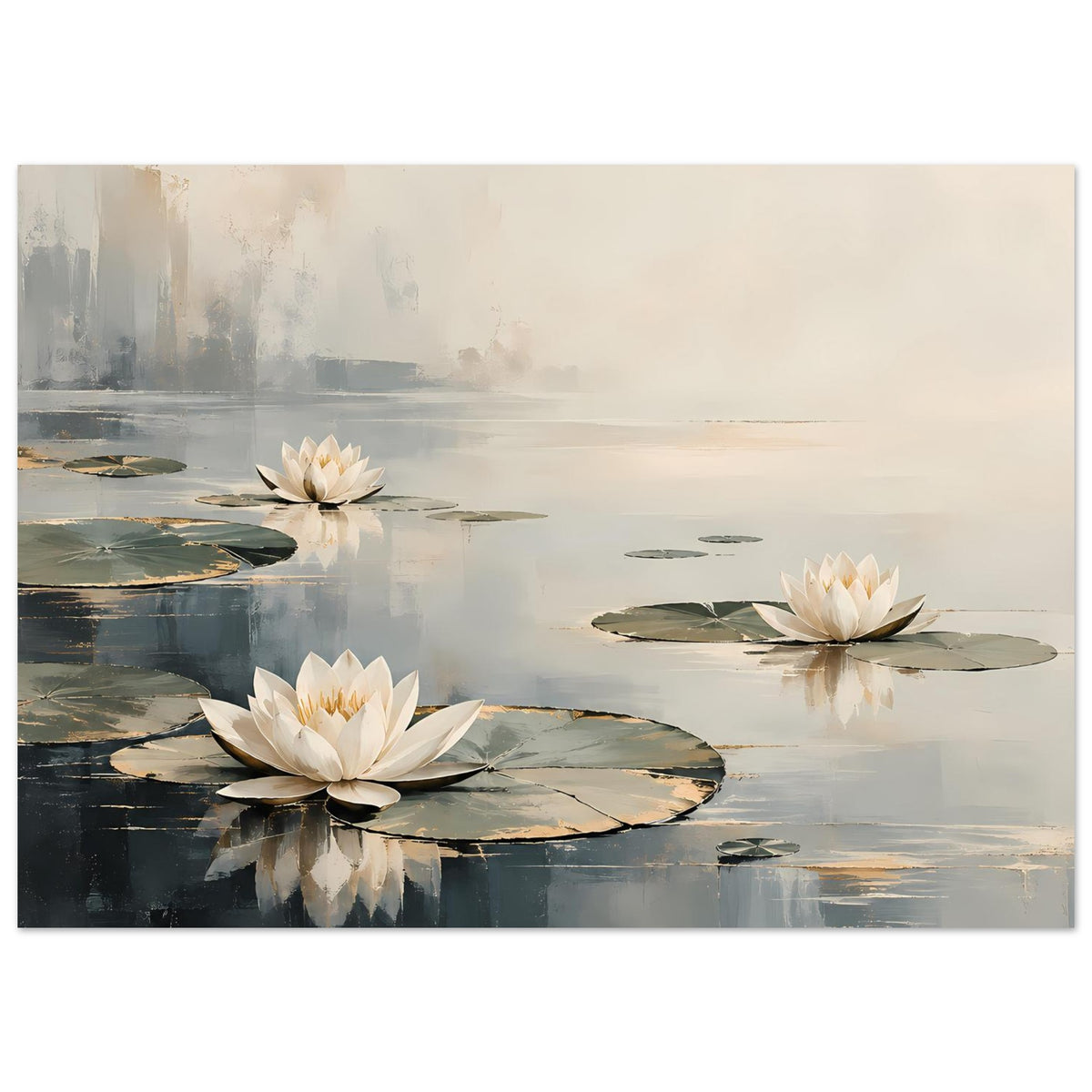 Horizontales Poster mit drei Seerosenblüten und runden Wasserblättern in gedämpften Tönen