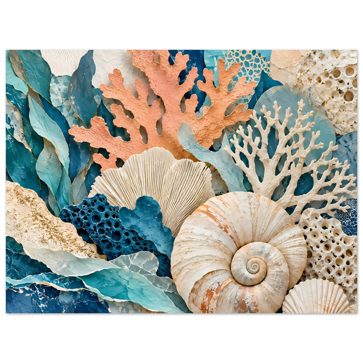 Poster mit Korallen- und Muschelmotiv in Blau-, Türkis- und Beigetönen, quer