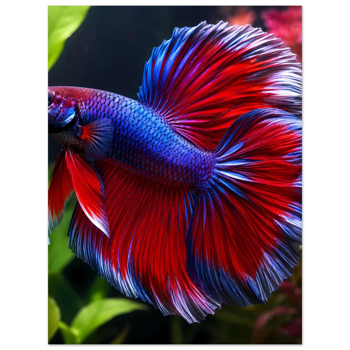 Vertikales Poster mit Betta-Fisch: blaues Schuppenmuster, rote Flossen, kräftige Farbverläufe.