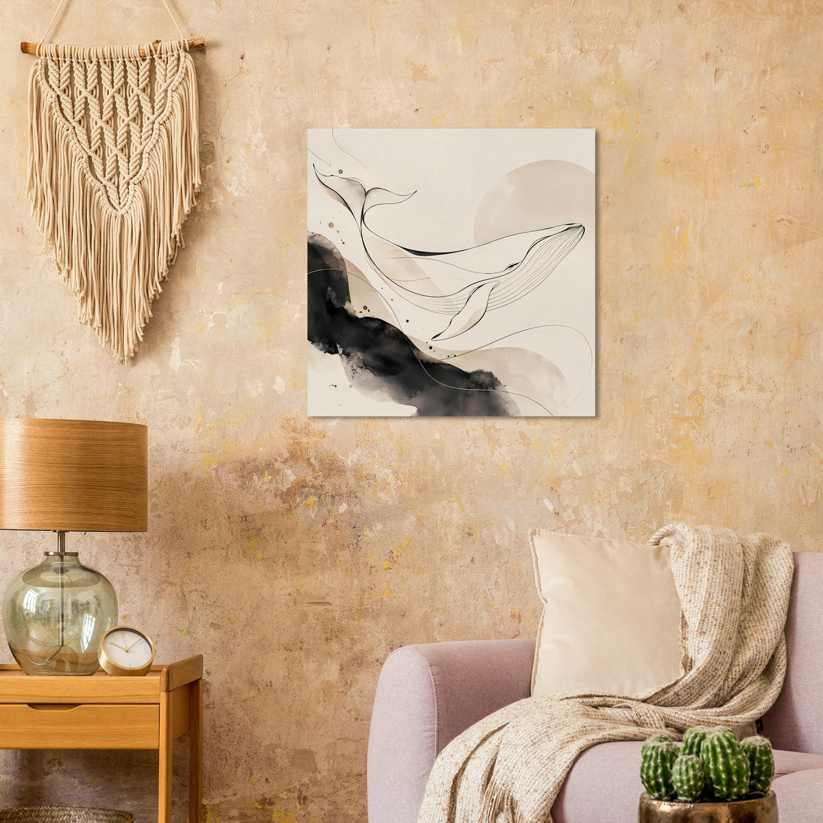 Gerahmtes abstraktes Wal-Poster in Beige, Schwarz und beigen Flächen