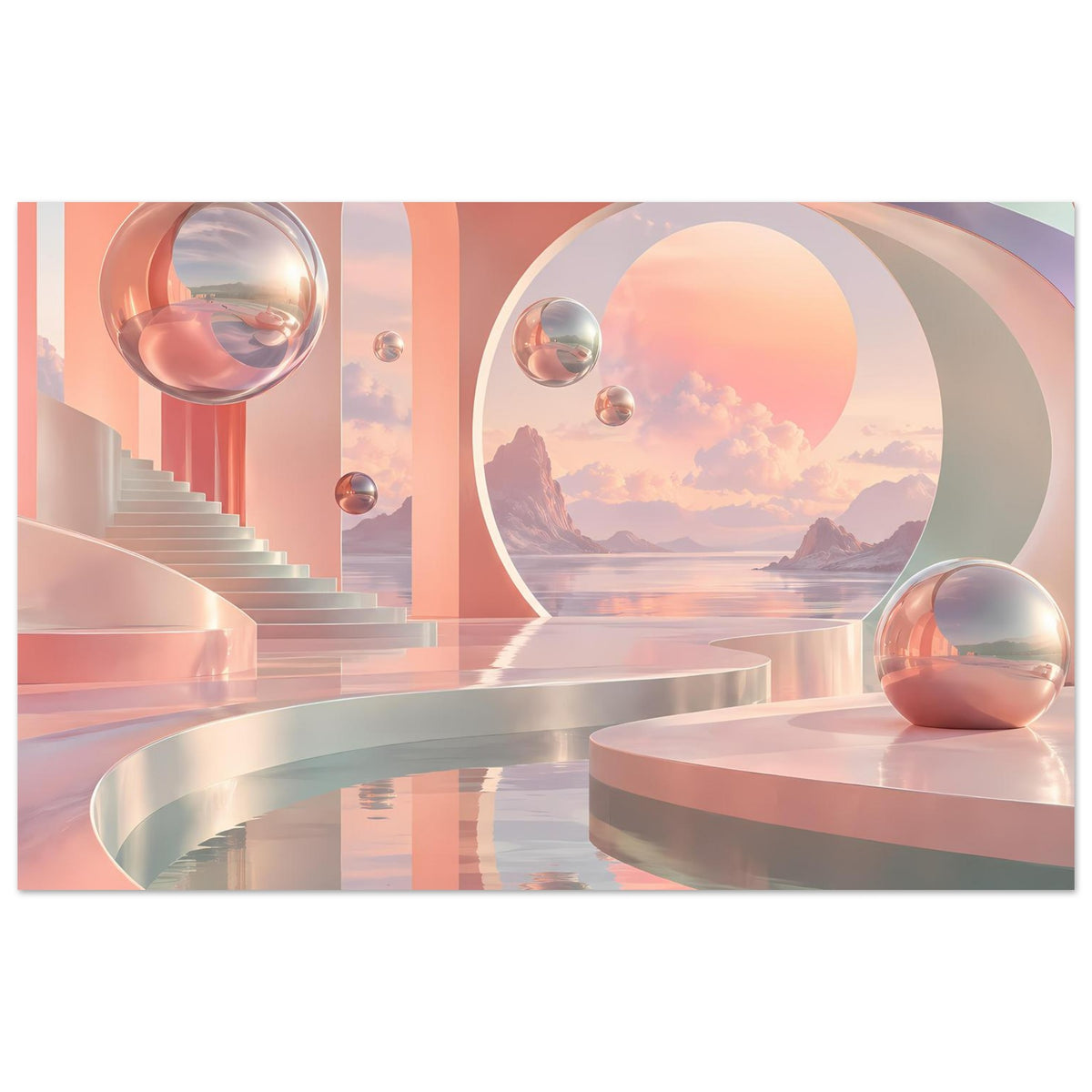 Surrealistisches Poster im Pastelllook mit Kugeln, Rundfenster und Terrassen mit Spiegelung