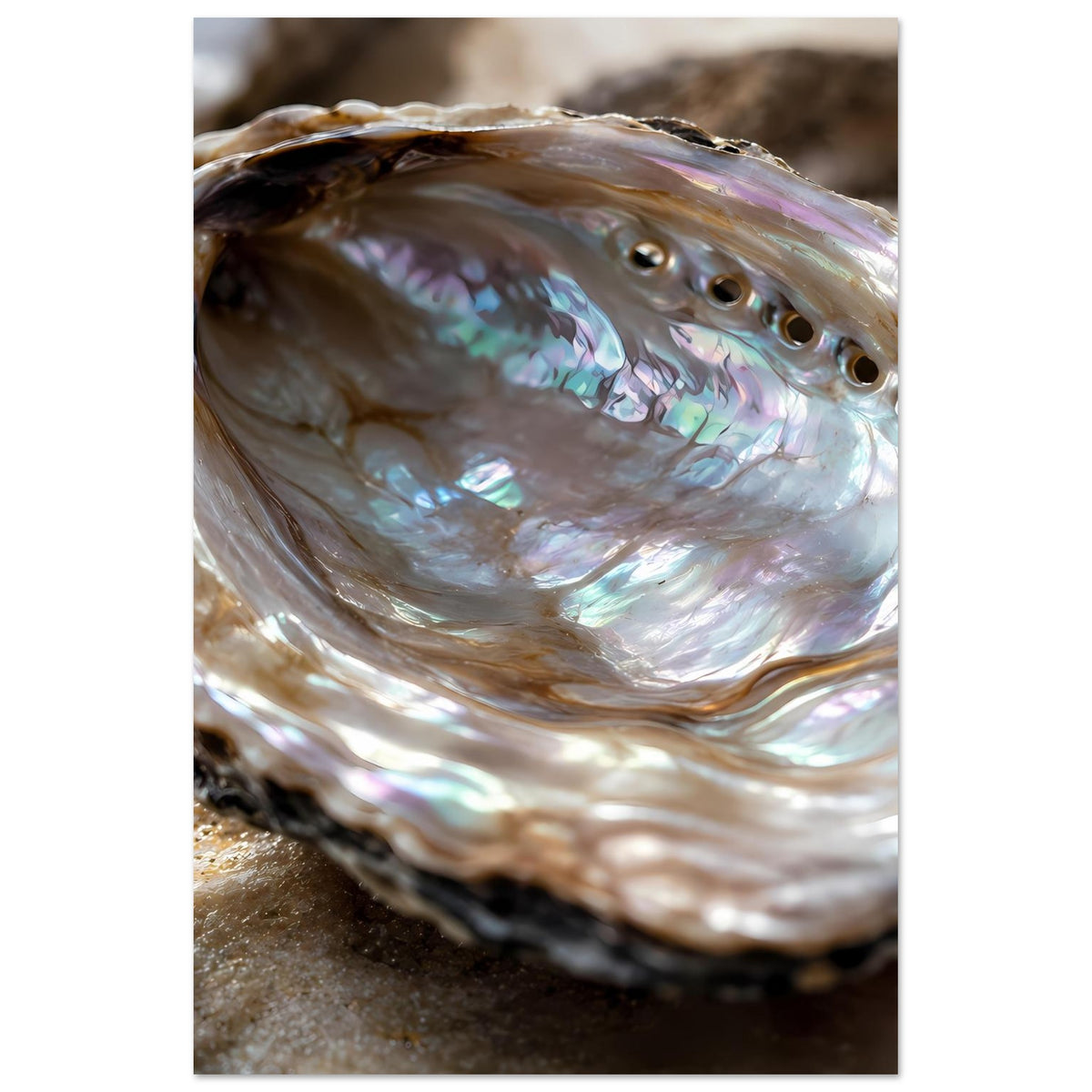 Maritimes Poster: Ausschnitt der Abalone-Muschel mit Perlmuttglanz und Schalenöffnungen