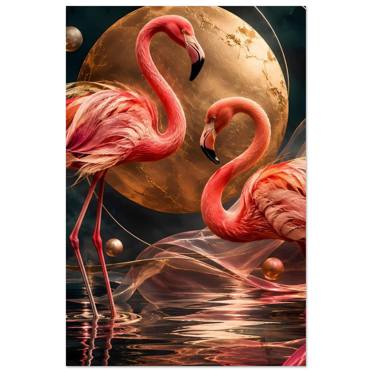 Vertikales Kunstposter mit zwei pinken Flamingos vor goldener Mondkugel, stilisierte Bahnen