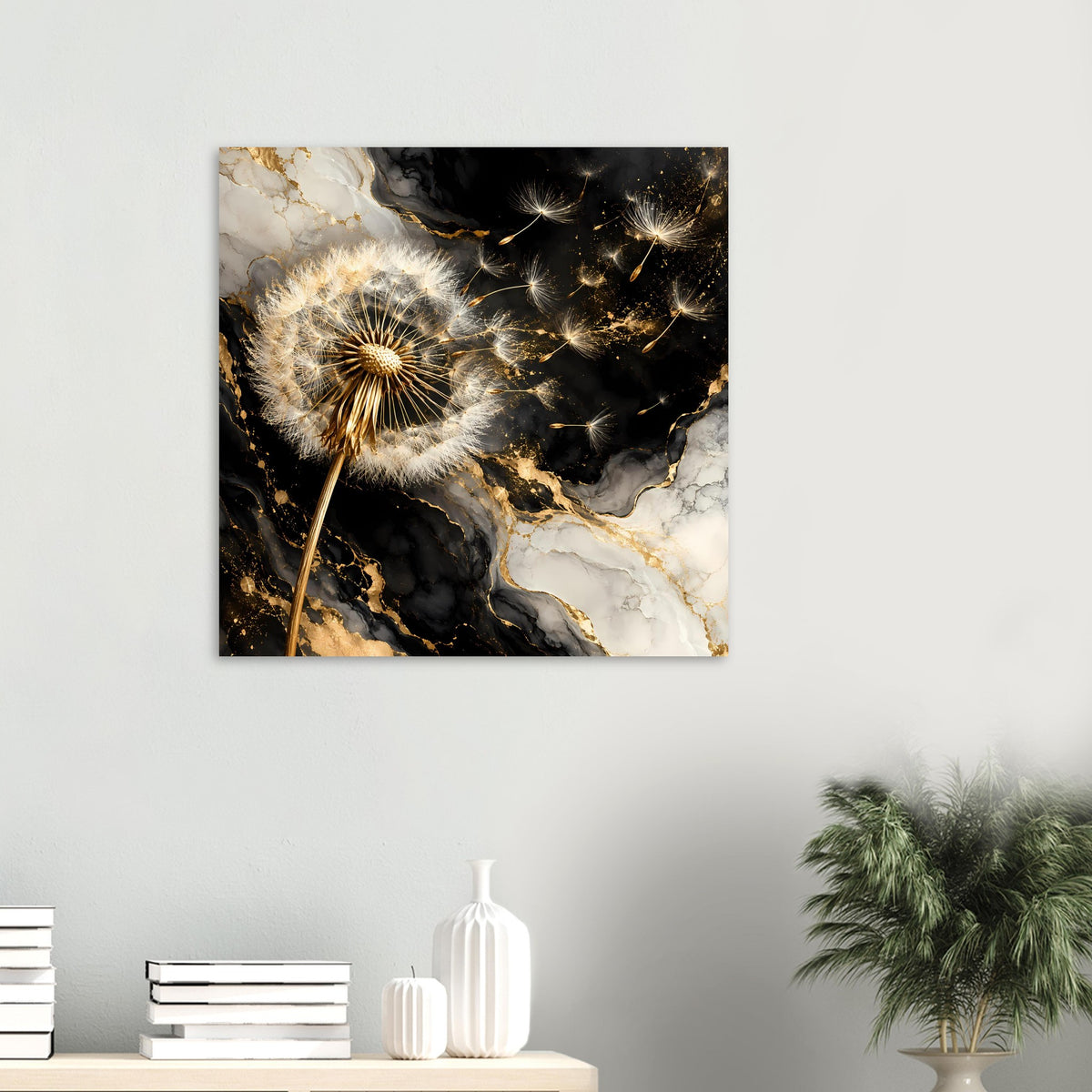 Dandelion-Wandposter im Querformat: goldene Pusteblume, schwarze Marmorflächen, funkelnde Goldpunkte