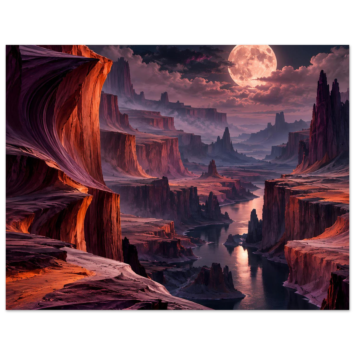 Landschaftsposter: roter Canyon mit Fluss, großer Mond über Wolken und dunklen Felstürmen.