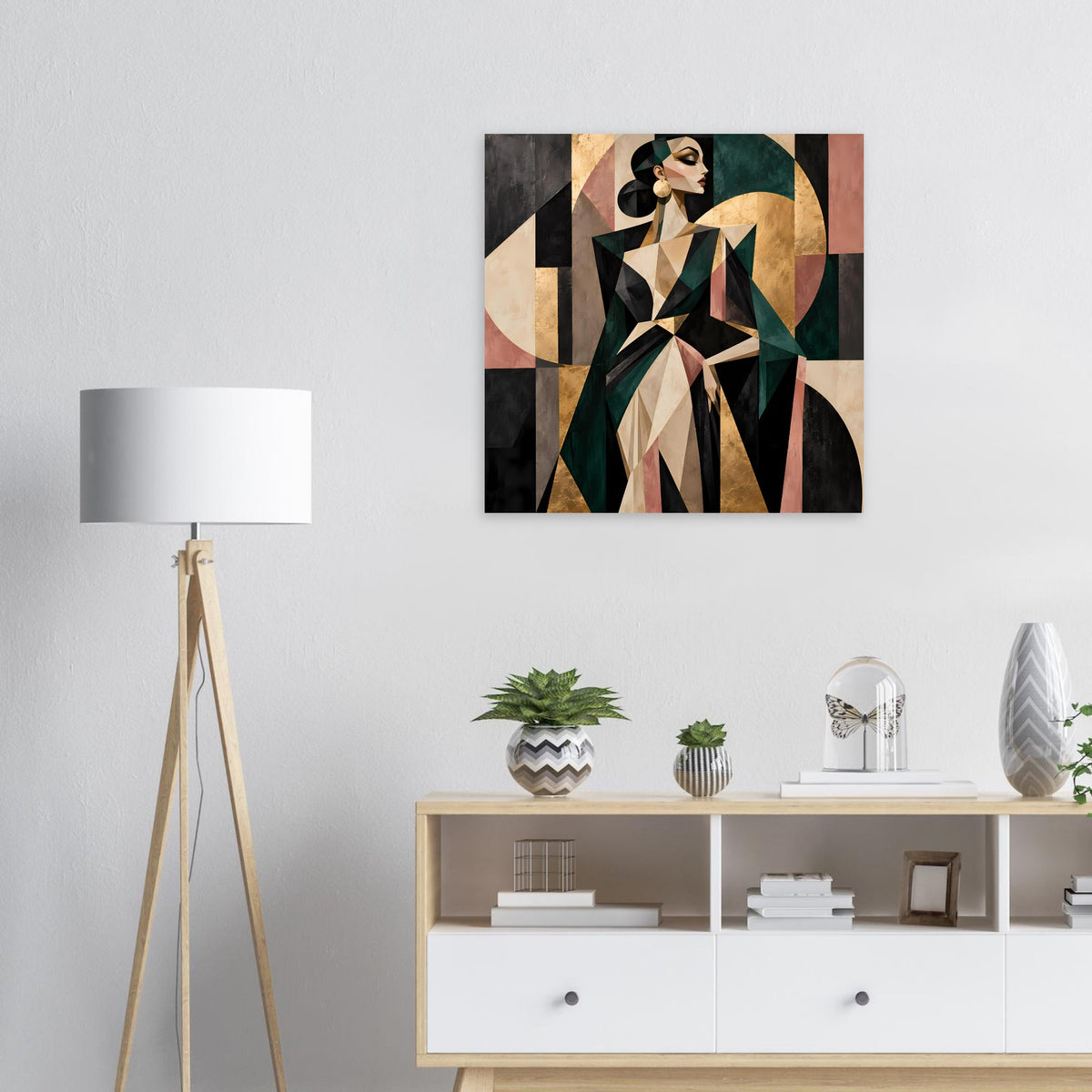 Abstraktes Poster mit geometrischen Formen in Olivgrün, Gold und Rosé