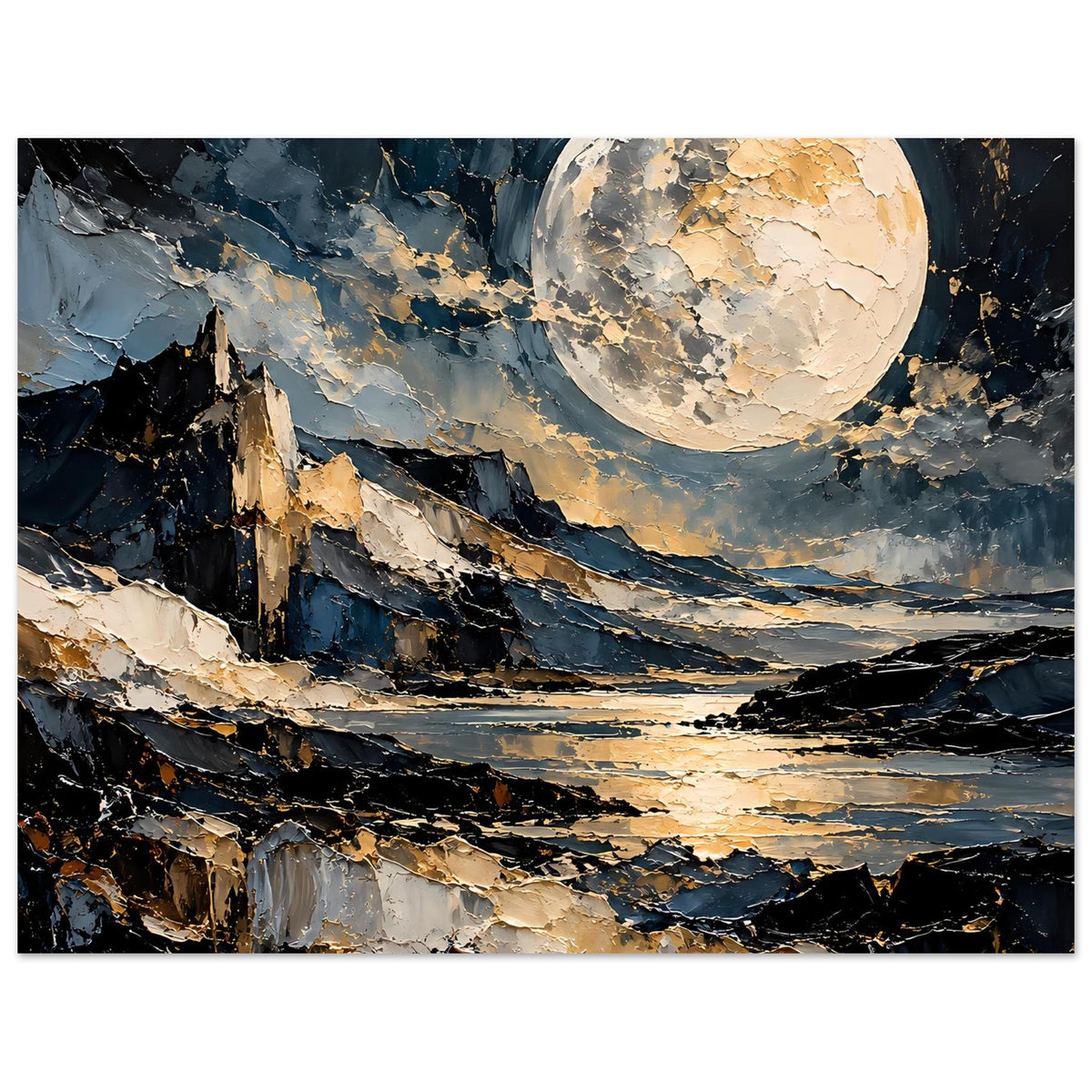 Mondschein-Poster im Querformat: goldener Vollmond über felsiger Küste und Seeufer