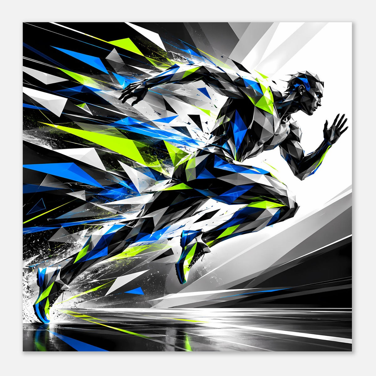 Laufkunst-Poster im Querformat: Läuferabstraktion mit Neon-Grün und kräftigem Blau, schwarz gerahmt