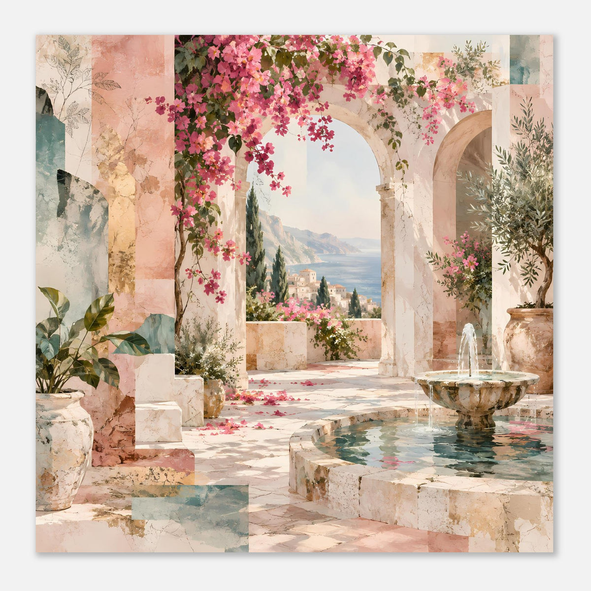 Kunstposter im Querformat: Steinbogenallee, Brunnenbecken mit Wasser und pinke Blüten