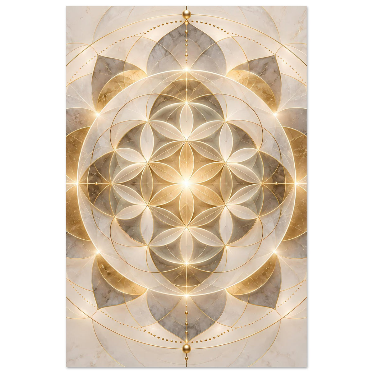 Poster mit goldenem Mandala-Ornament, kompakte Ansicht mit zentralem Leuchten