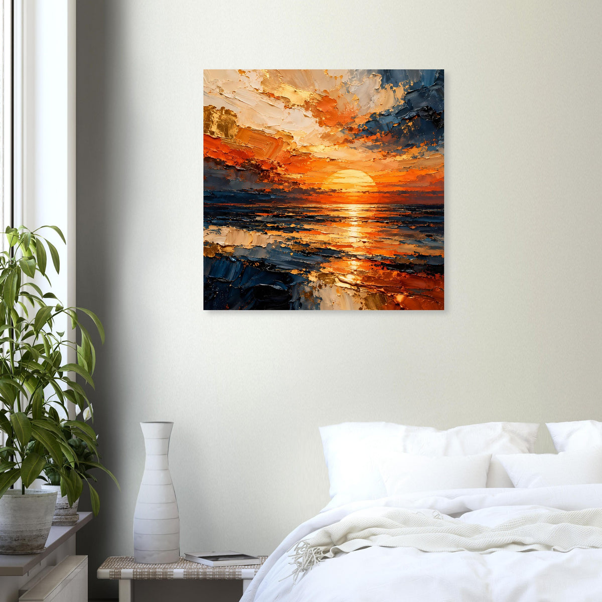 Quadratisches Poster: abstraktes Sonnenuntergangsmeer mit leuchtendem Orange und Blau