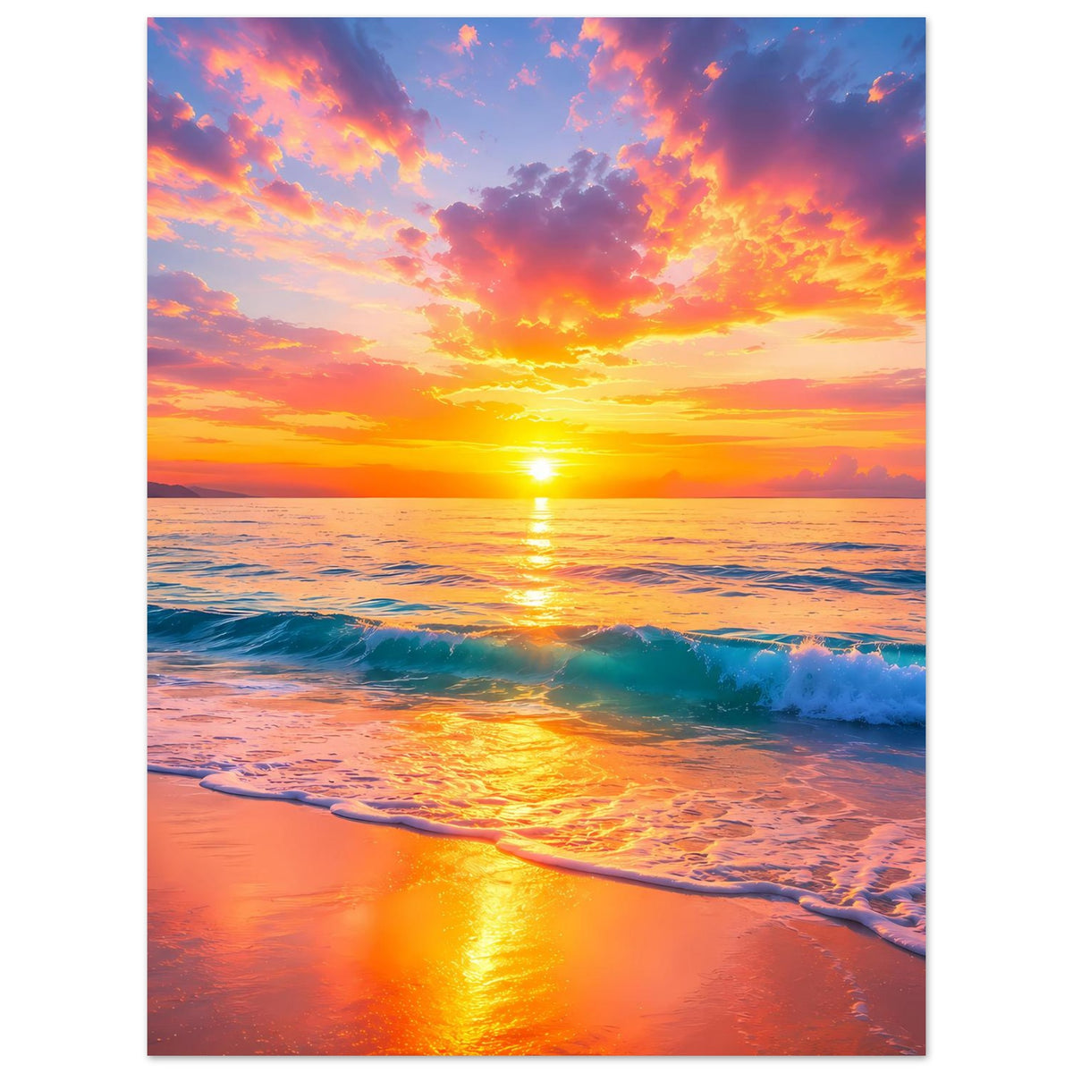 Sonnenuntergangsstrand-Poster, vertikal: goldene Sonne über Meer, Wellen am Ufer, mit Rand.