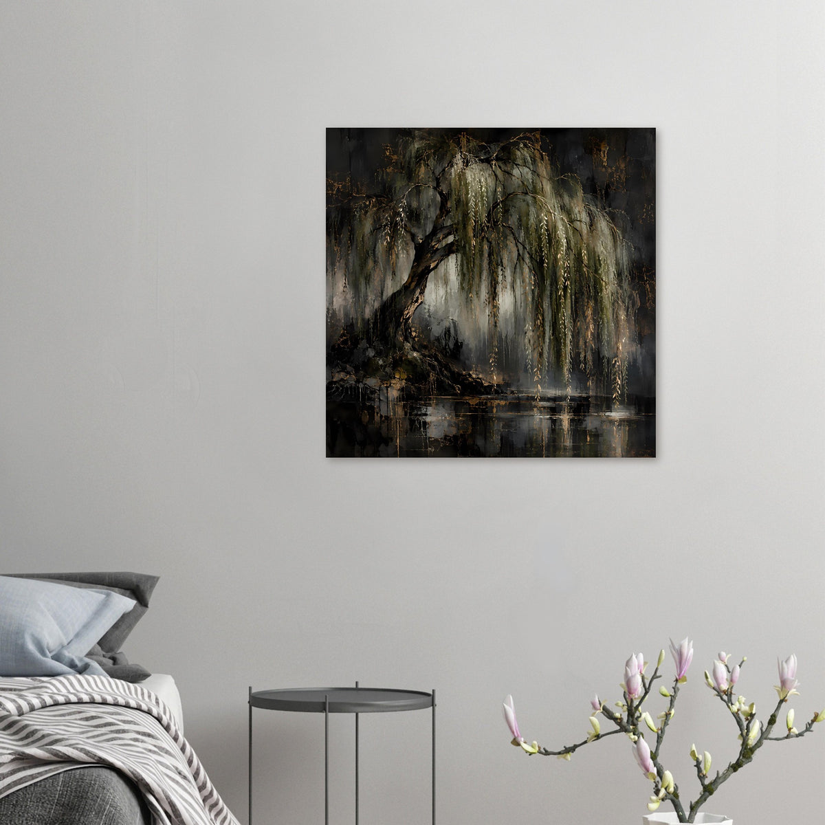 Quadratisches Naturposter mit trauernder Weide, golden leuchtenden Zweigen und Reflexion