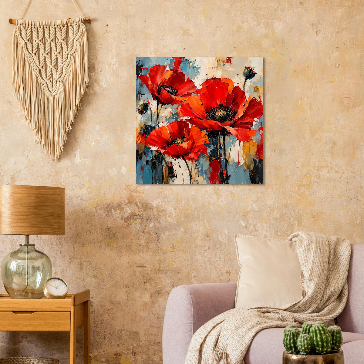 Quadratisches Poster mit roten Mohnblumen, Spritztechnik und blau-gelben Farbflecken