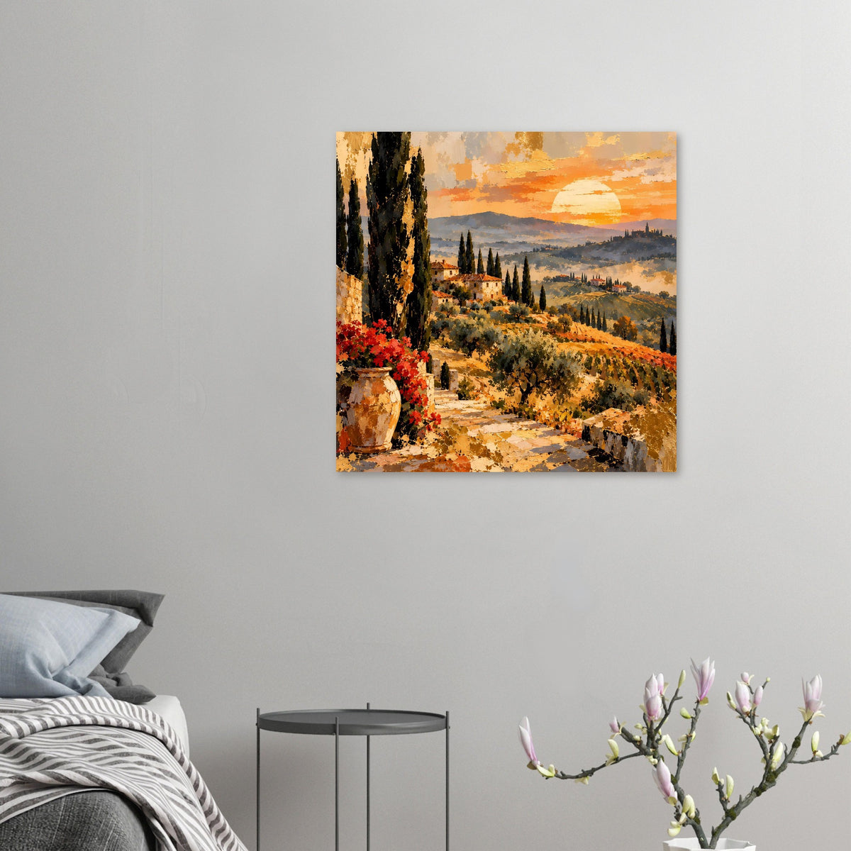 Poster mit Landschaftsmotiv der Toskana: Pfad, rote Blumen, Zypressen und Abendsonne