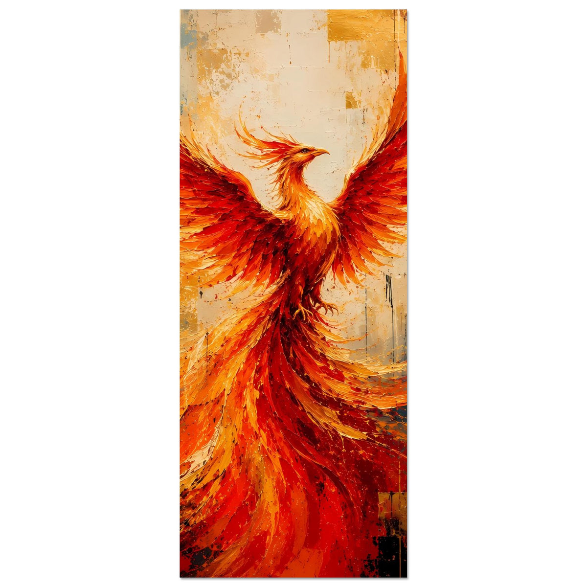 Phönix-Poster im Hochformat, angeschnittene Flügel, Rot-Orange auf hellem Hintergrund