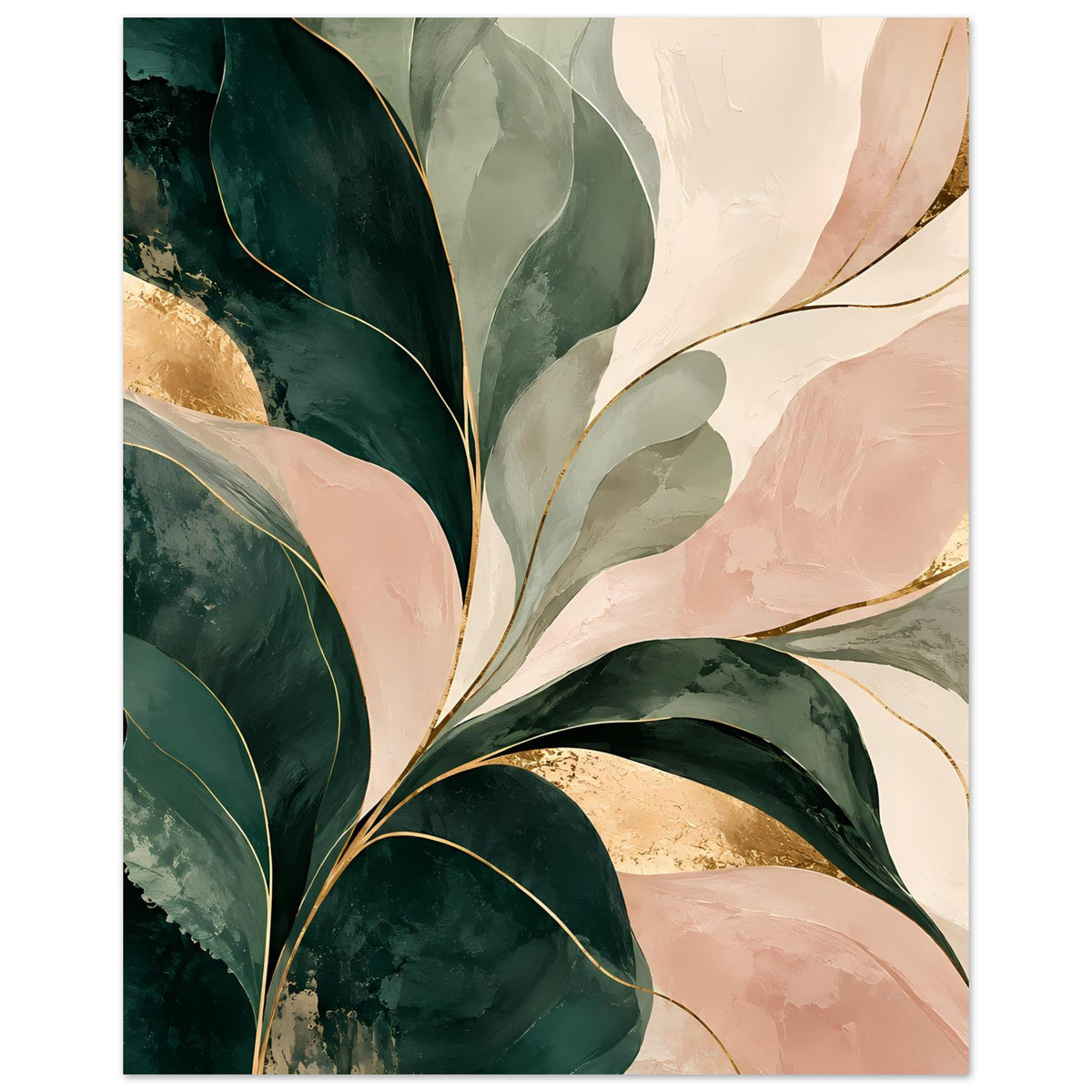 Abstraktes Kunstposter mit smaragdgrünen, roséfarbenen und goldenen Blättern