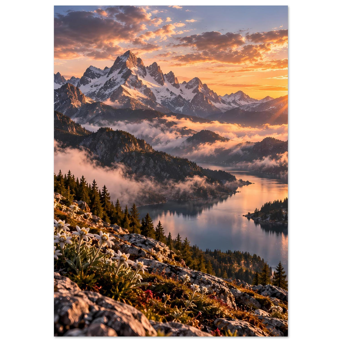 Hochkantiges Poster mit Alpenbergsee, Nebel und Blüten am Felsen im Vordergrund