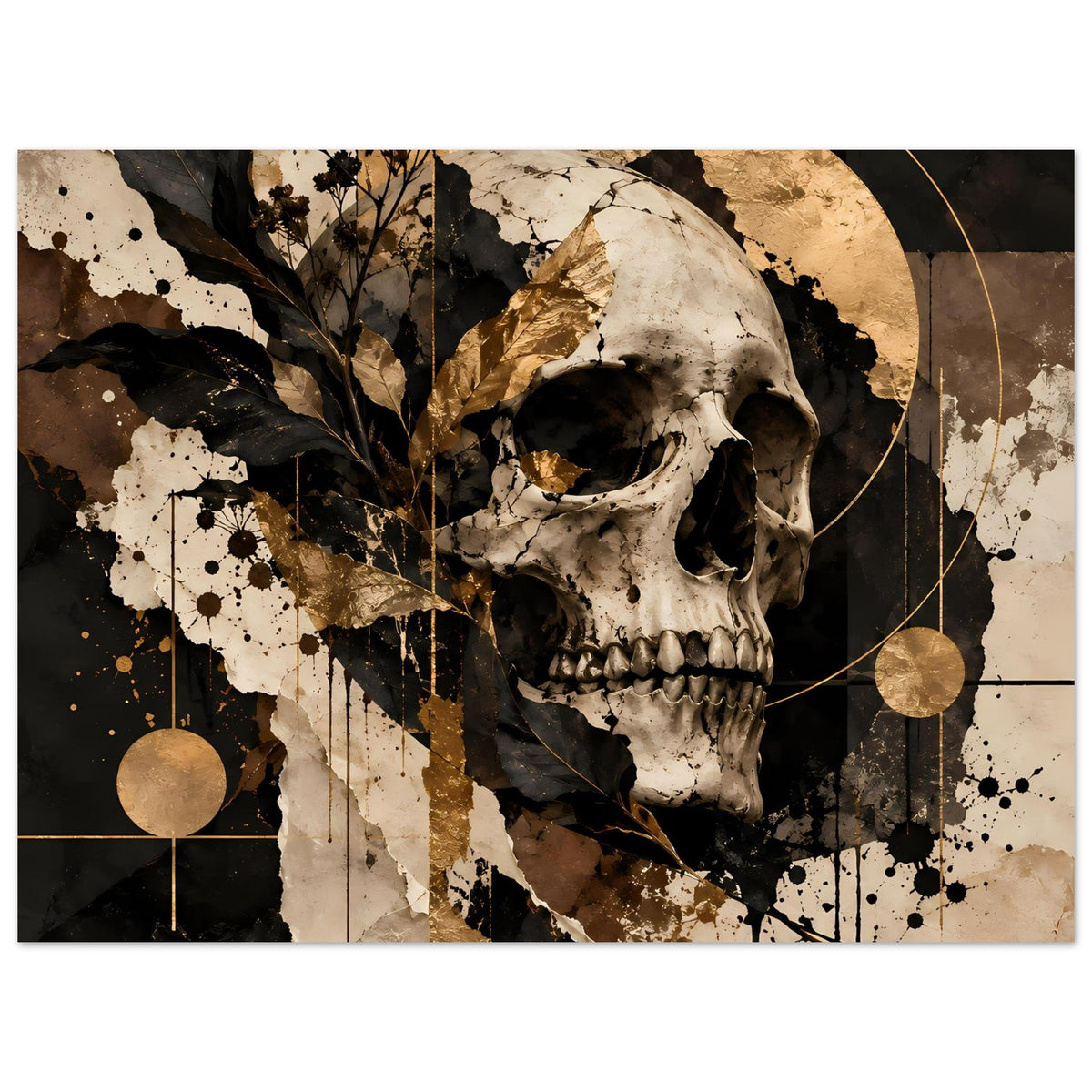 Kunstposter im Querformat mit Totenschädel, Federn und goldenen Linien, schwarz-gold