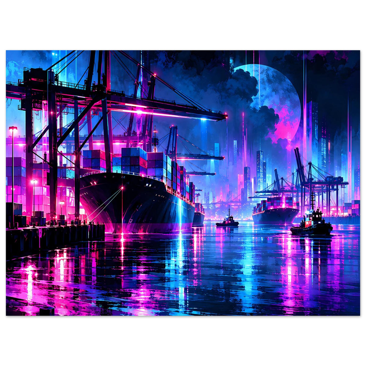 Neonhafen-Nachtlandschaft: Hafenbrücke und Skyline mit violetten Nebelschwaden und Lichtreflexen.
