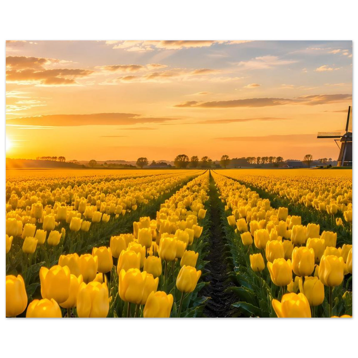 Poster mit gelbem Tulpenfeld, mittiger Bahn und Windmühle im Sonnenuntergang