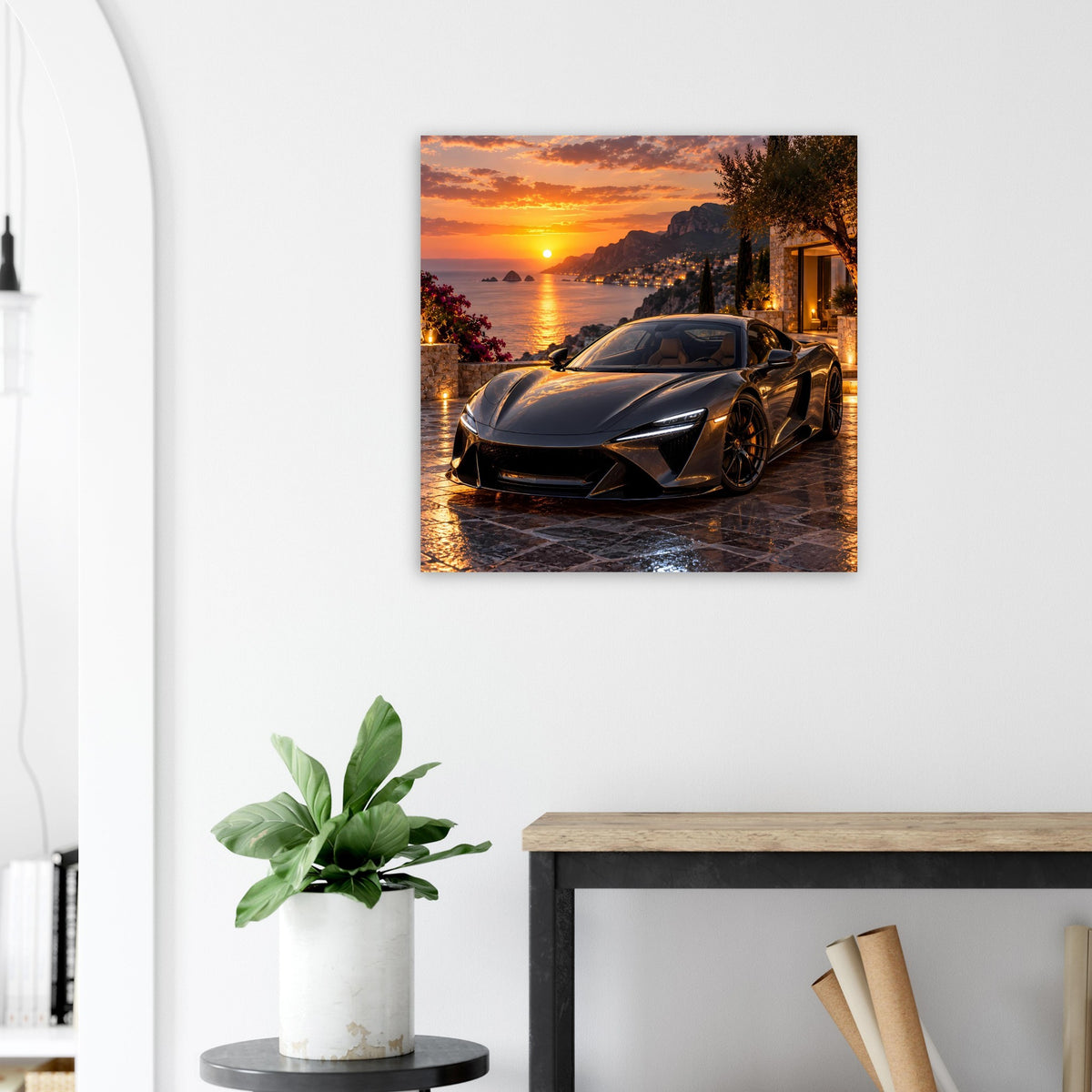 Poster mit Sportwagen am Strand bei Sonnenuntergang, quadratisch