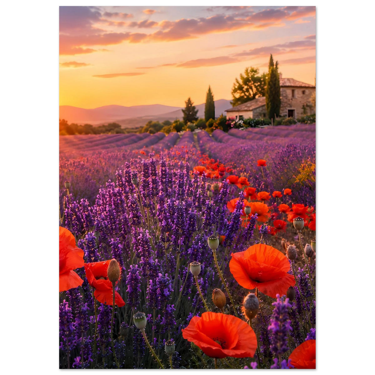 Vertikales Poster mit Lavendelfeld, orange Mohnblüten und Landhaus rechts im Sonnenuntergang