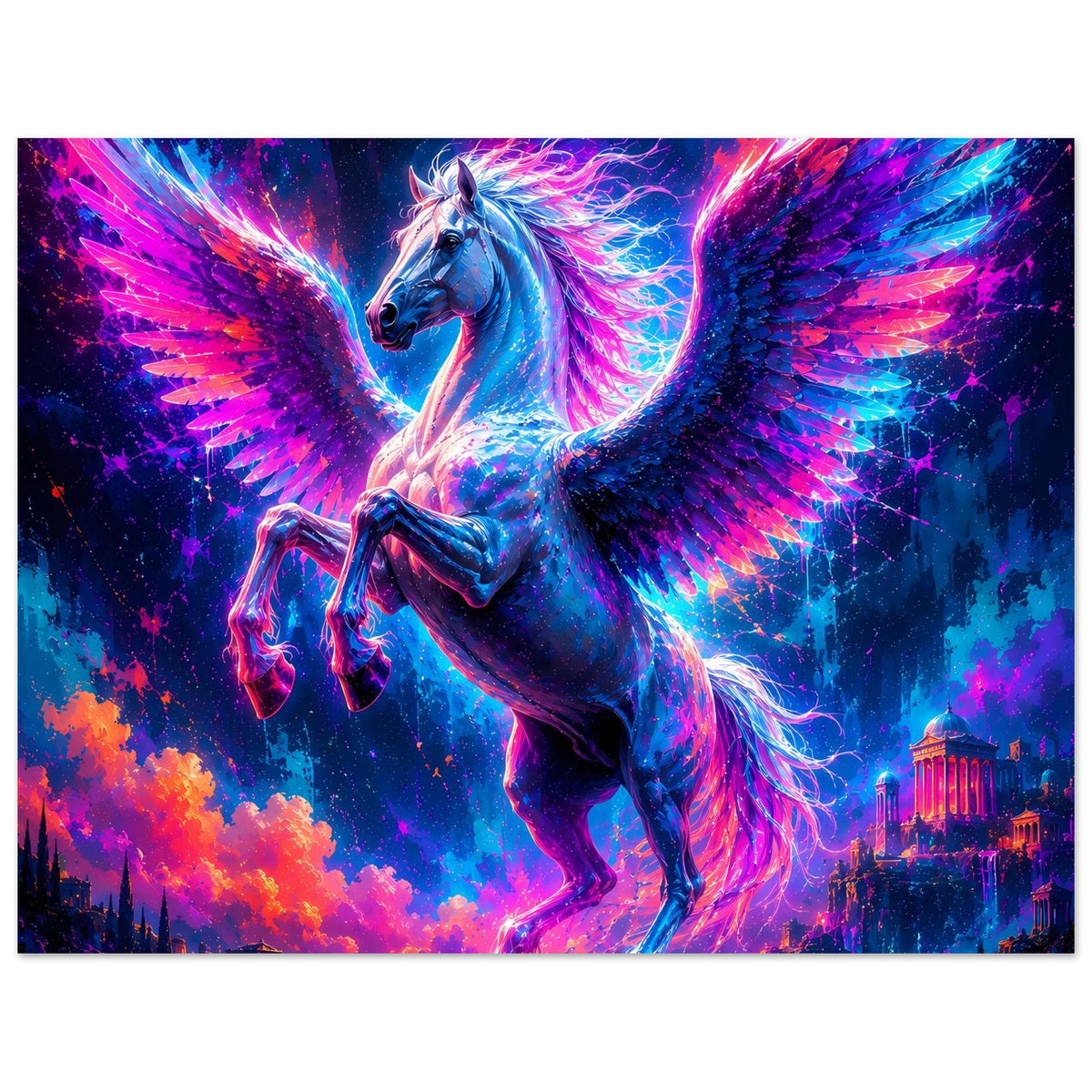 Pegasus-Poster im Querformat: galoppierender Pegasus mit leuchtenden Flügeln