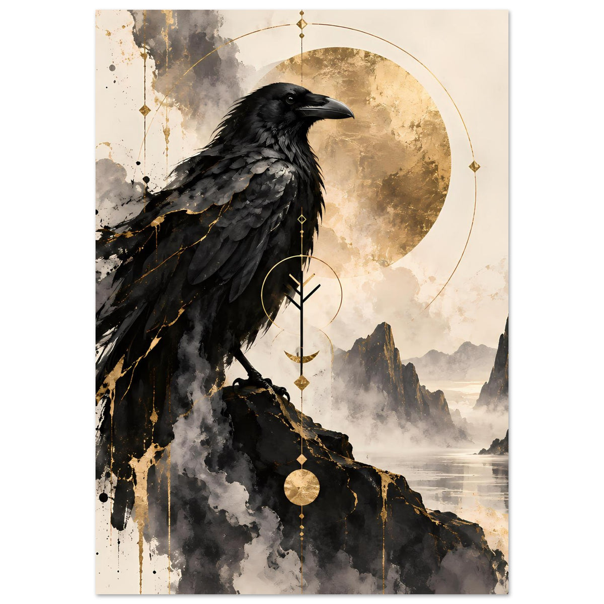 Raben-Vogelkunst-Poster mit schwarzem Rabe, goldener Kreislinie und Tropfenelementen